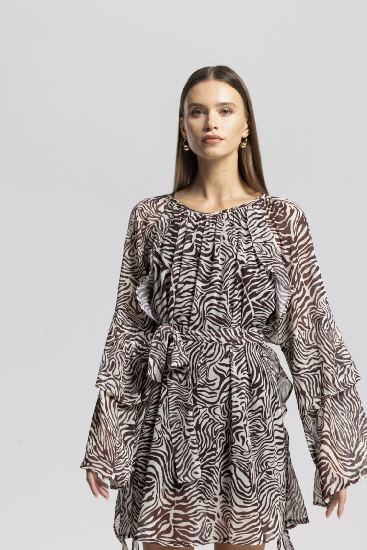 Brown Zebra Print Mini A-Line Dress With Bell Sleeves