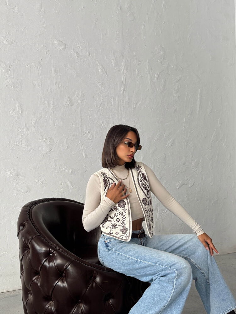 Beige Boho Floral Vest Open Front Regular Fit
