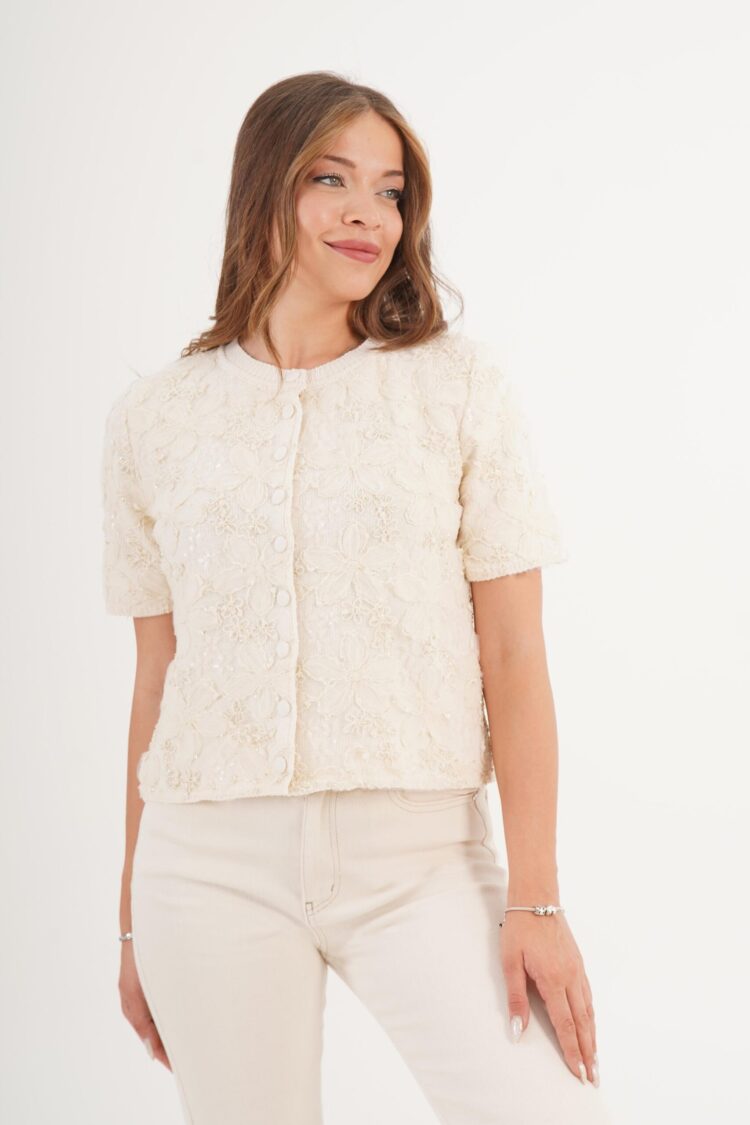 Beige Floral Elegant Buttoned Cardigan