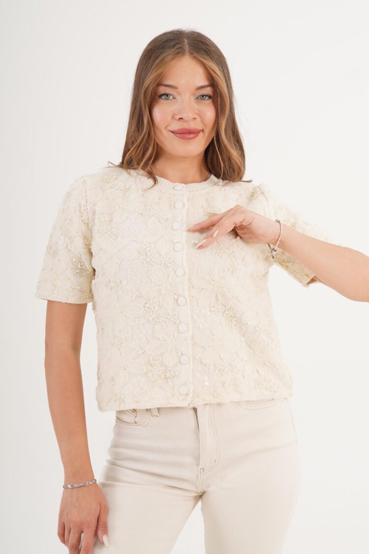 Beige Floral Elegant Buttoned Cardigan