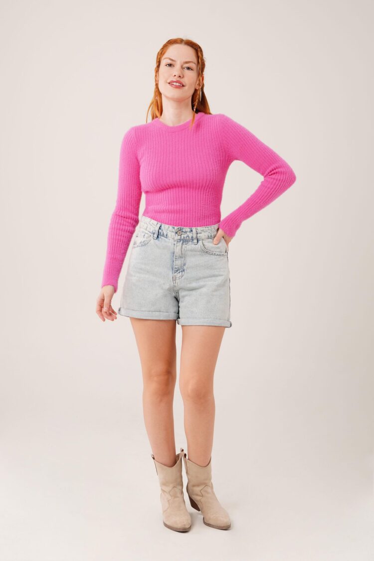 Pink Casual Fitted Sweater With Crew Neck