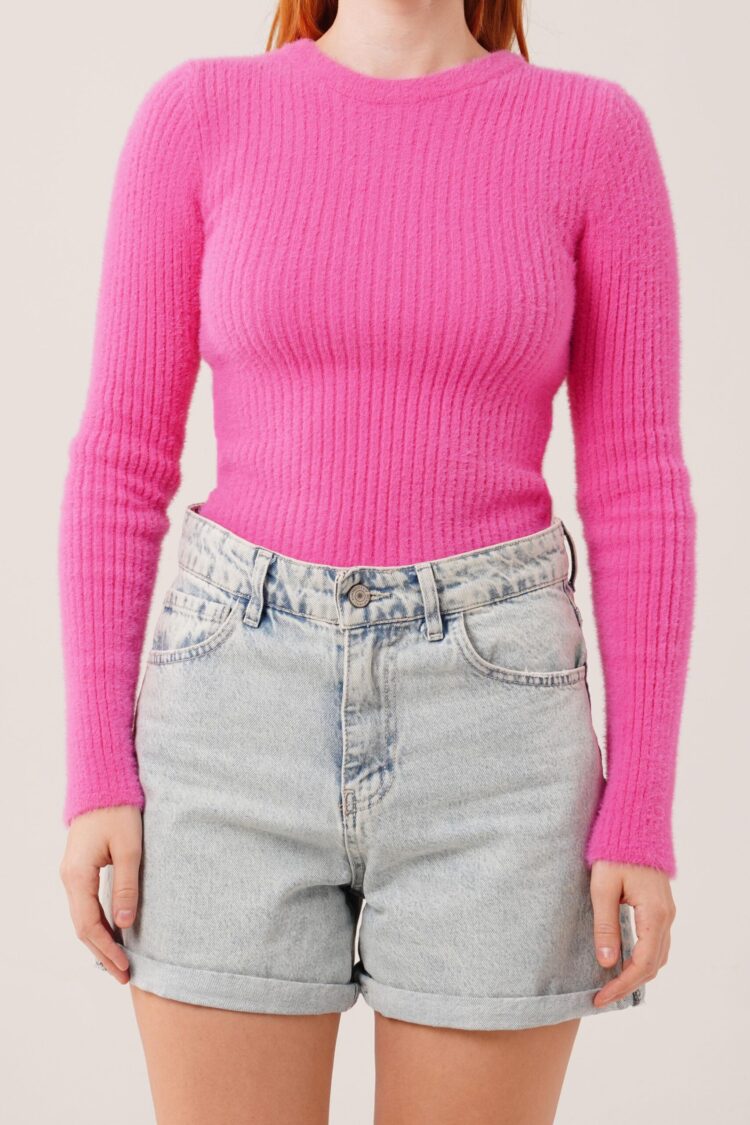 Pink Casual Fitted Sweater With Crew Neck