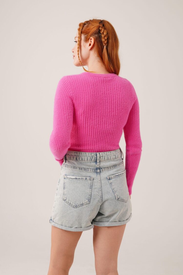 Pink Casual Fitted Sweater With Crew Neck