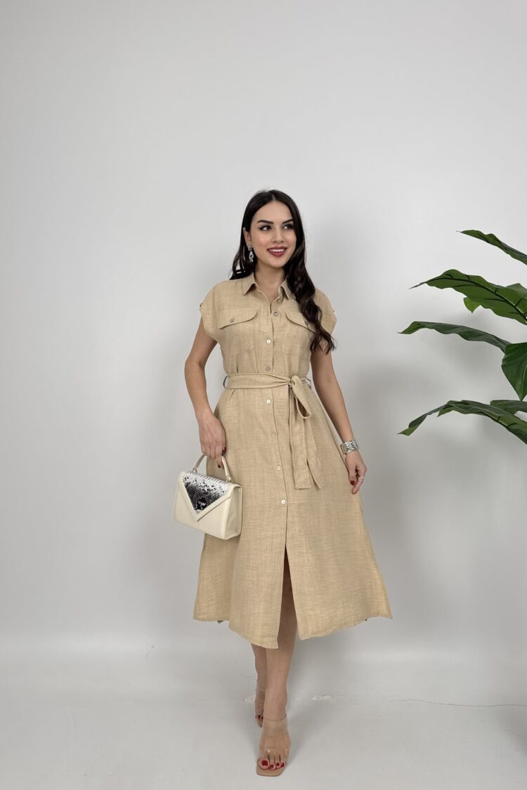 Beige Cap Sleeve Polo Neck Midi Shirt Dress - Brand: Miss Janell - Women & Kids, Baby Clothes Wholesale - Globality Store