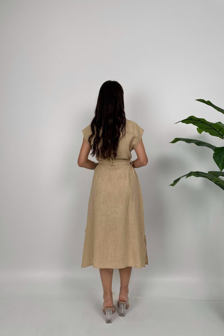 Beige Cap Sleeve Polo Neck Midi Shirt Dress
