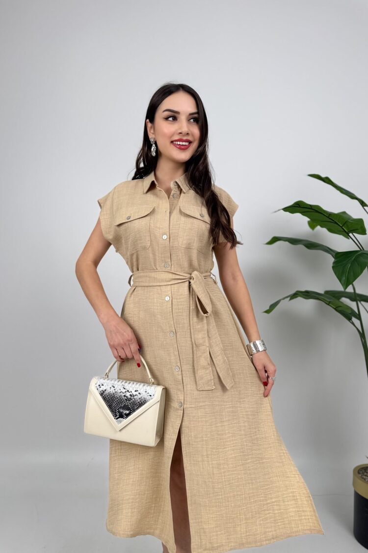 Beige Cap Sleeve Polo Neck Midi Shirt Dress