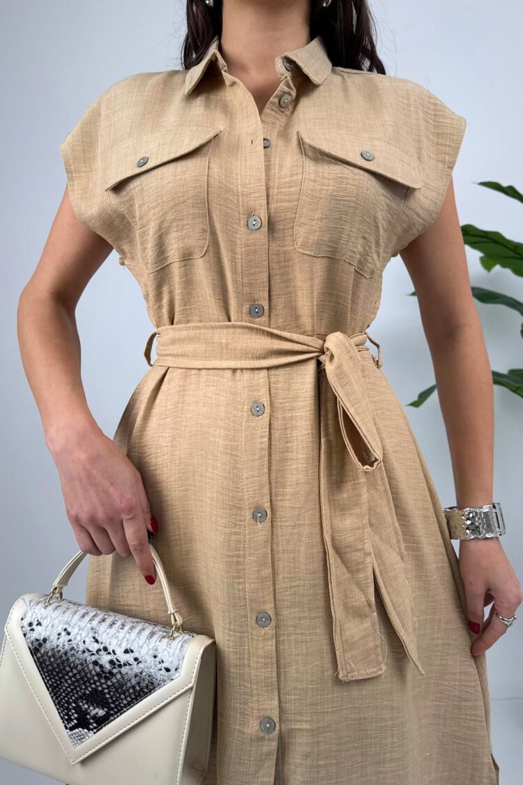 Beige Cap Sleeve Polo Neck Midi Shirt Dress