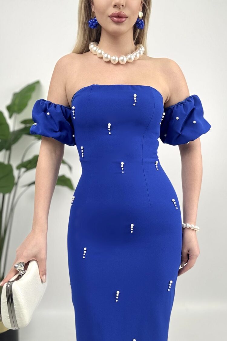 Blue Bodycon Dress With Ruffle Cap Sleeves