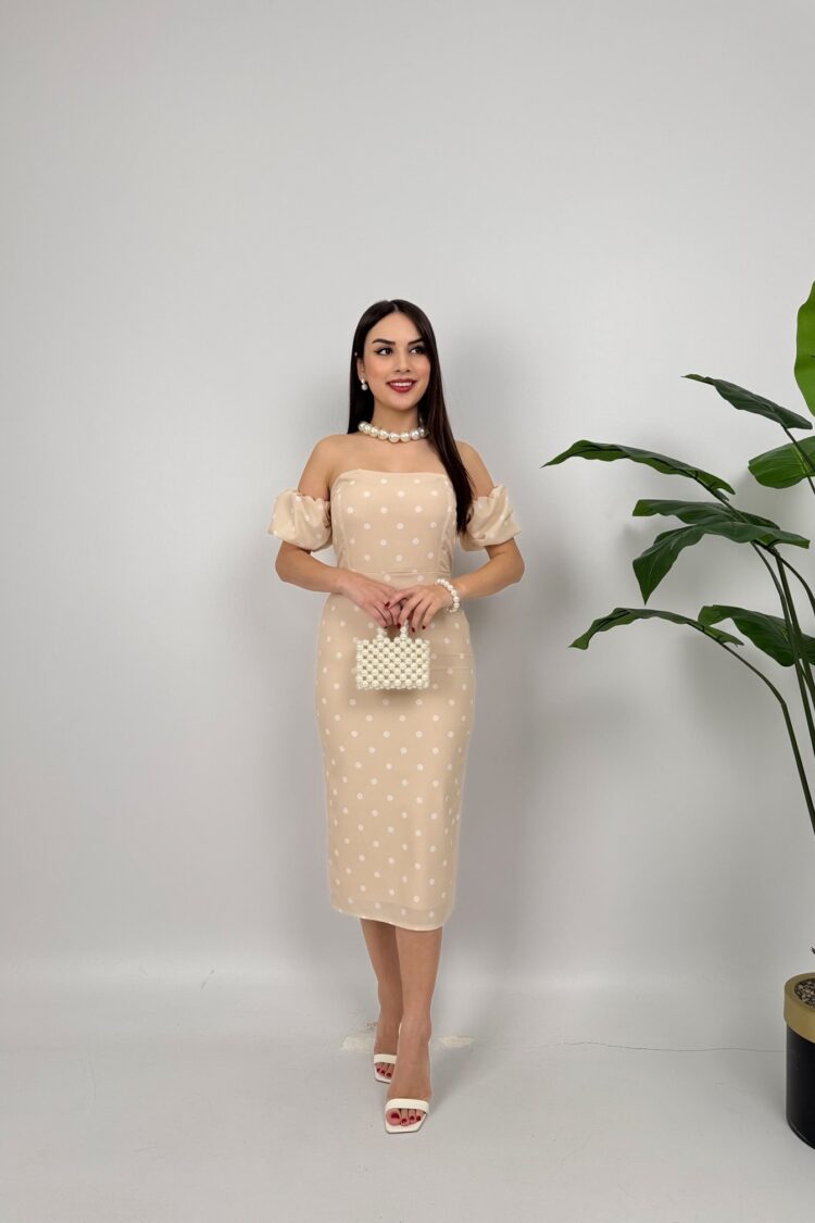 Beige Elegant Strapless Sheath Dress With Polka Dot - Brand: Miss Janell - Women & Kids, Baby Clothes Wholesale - Globality Store