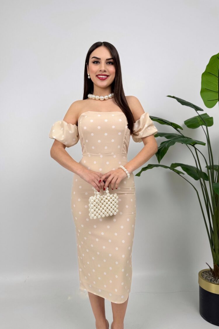 Beige Elegant Strapless Sheath Dress With Polka Dot