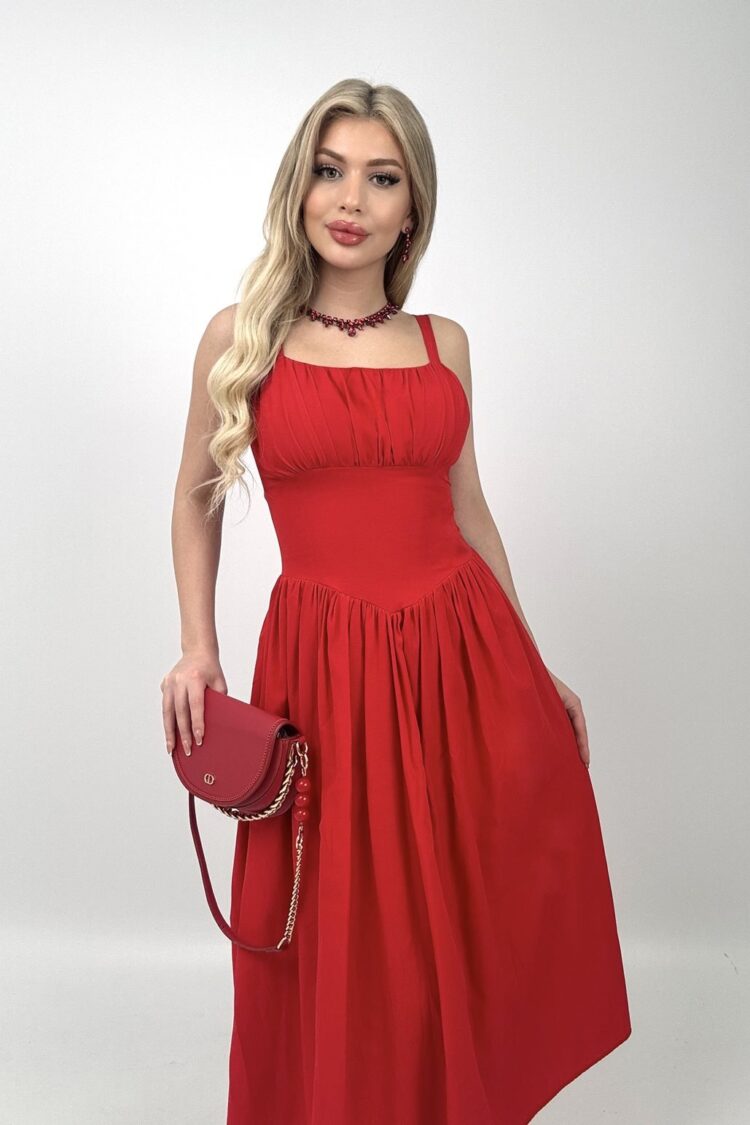 Red Elegant Fit And Flare Midi Dress