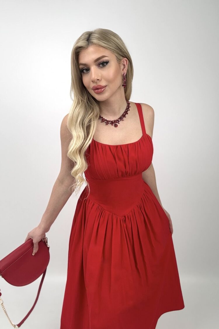 Red Elegant Fit And Flare Midi Dress