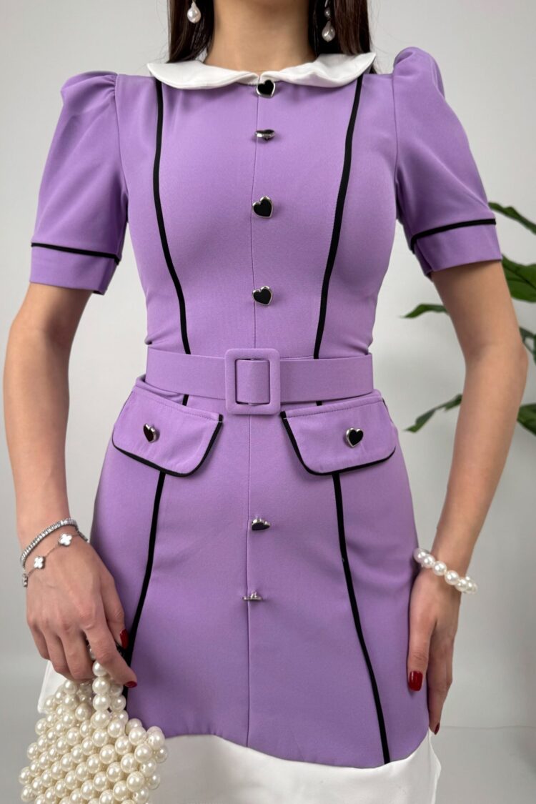 Purple A-Line Mini Dress With Puff Half Sleeves