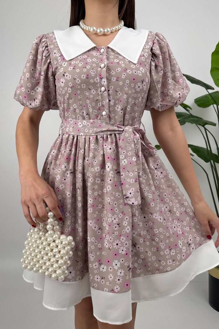 Beige Fit And Flare Mini Dress With Puff Sleeves