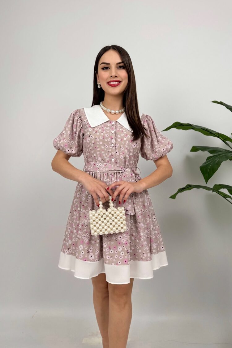 Beige Fit And Flare Mini Dress With Puff Sleeves