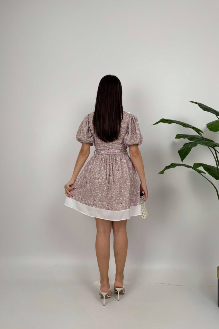 Beige Fit And Flare Mini Dress With Puff Sleeves