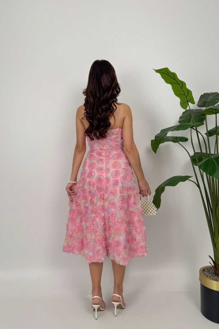 Pink Fit And Flare Square Neck Midi Dress