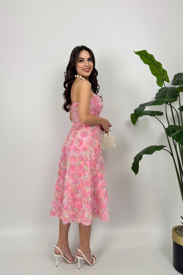 Pink Fit And Flare Square Neck Midi Dress