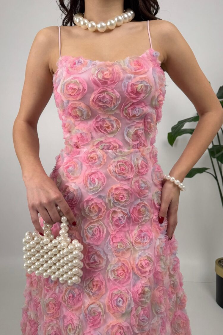 Pink Fit And Flare Square Neck Midi Dress