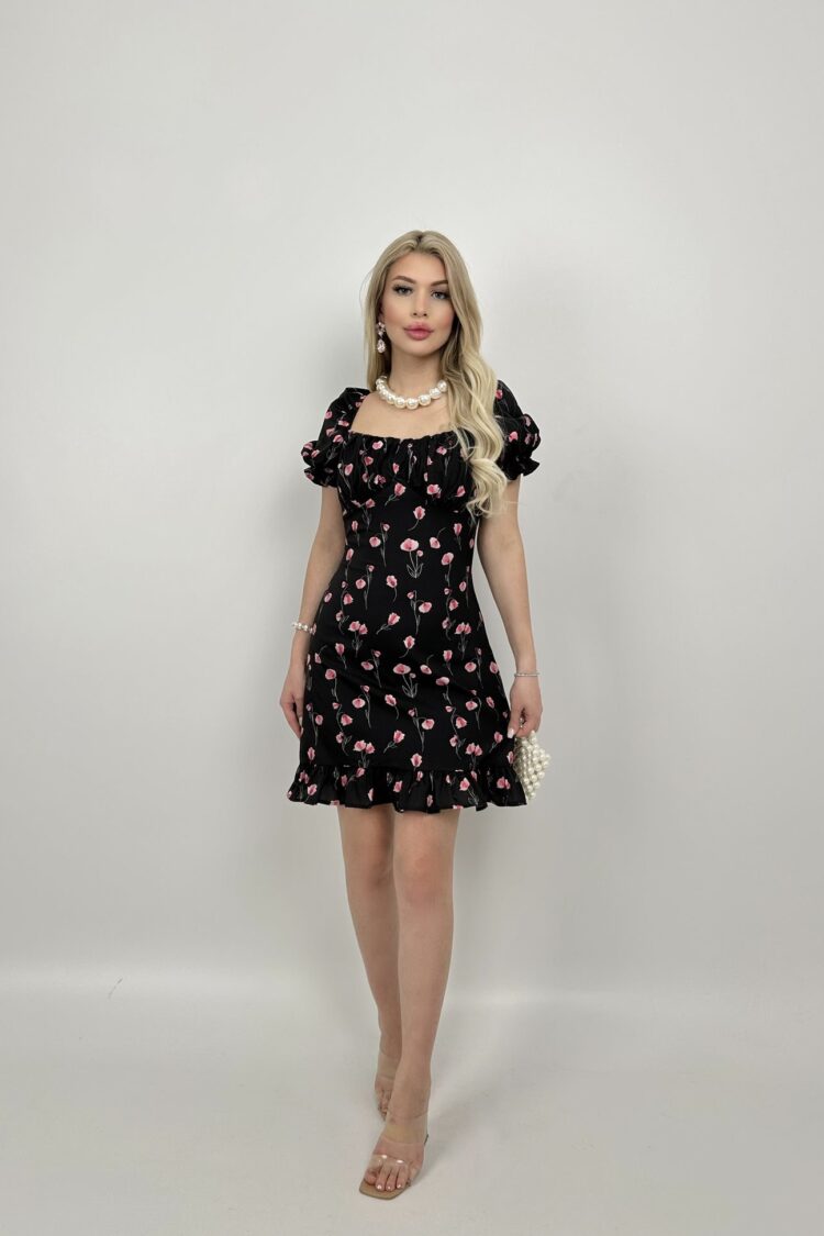 Fit And Flare Mini Dress With Floral Puff Sleeves
