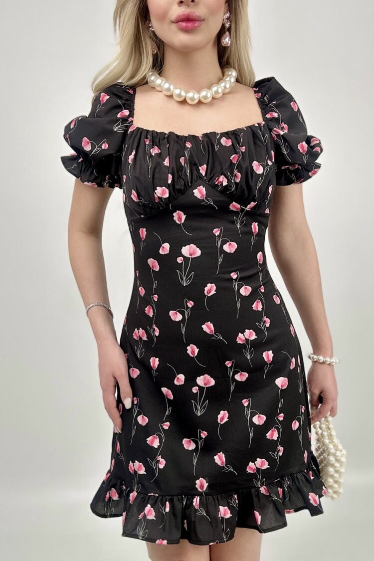Fit And Flare Mini Dress With Floral Puff Sleeves