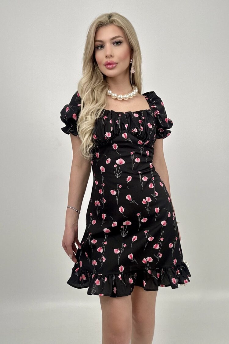Fit And Flare Mini Dress With Floral Puff Sleeves