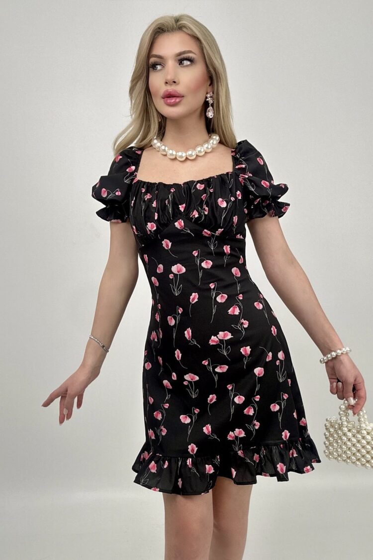 Fit And Flare Mini Dress With Floral Puff Sleeves