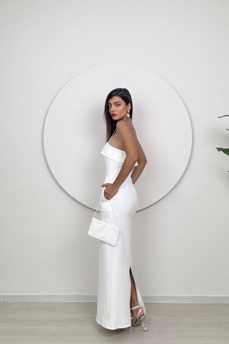 Elegant White Slip Dress With Polo Neck And Cap Sleeves