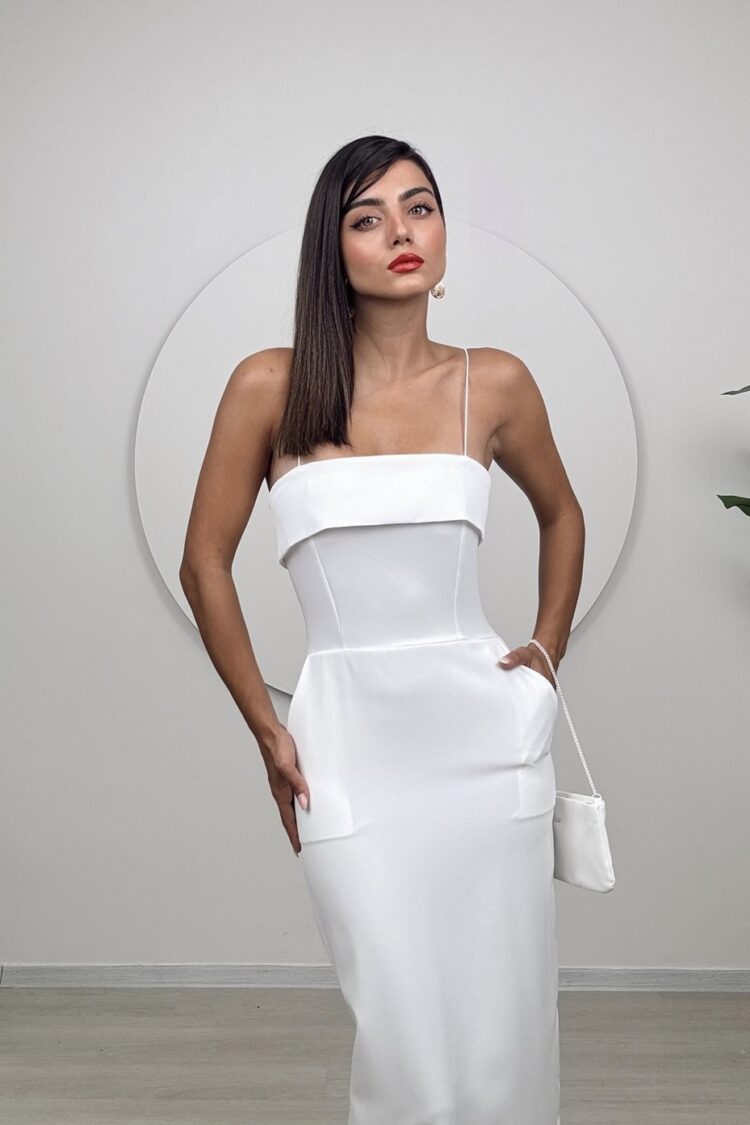 Elegant White Slip Dress With Polo Neck And Cap Sleeves