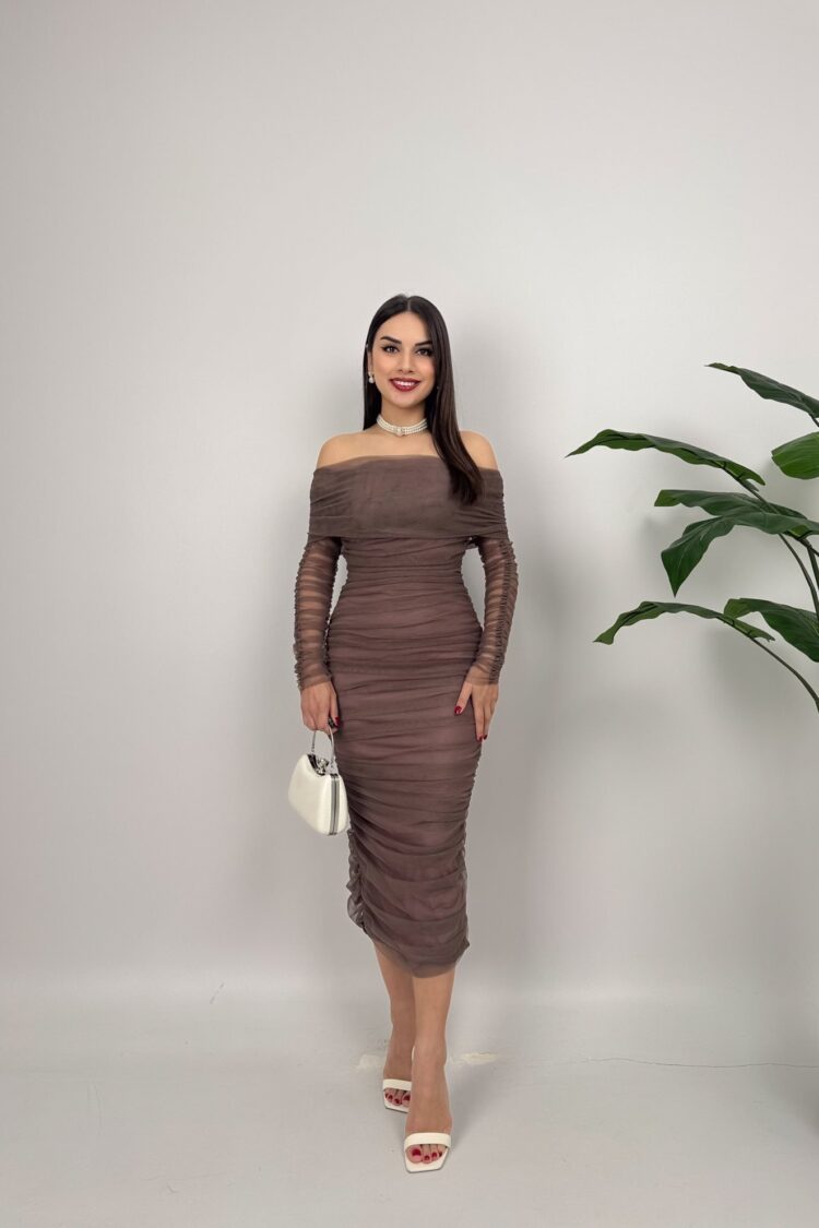Brown Elegant Bodycon Dress With Off Shoulder Neck - Brand: Miss Janell - Women & Kids, Baby Clothes Wholesale - Globality Store