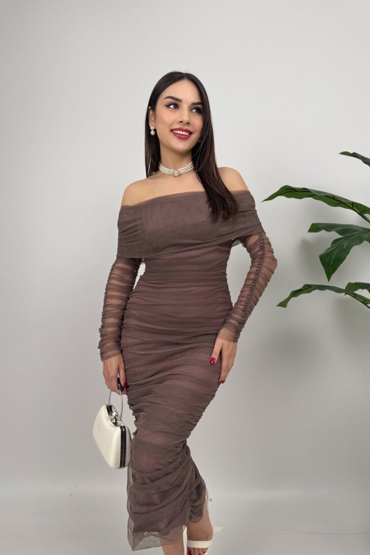 Brown Elegant Bodycon Dress With Off Shoulder Neck