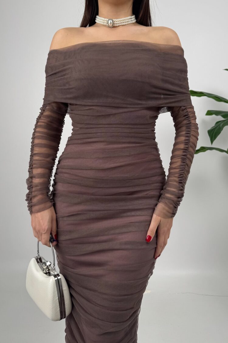 Brown Elegant Bodycon Dress With Off Shoulder Neck