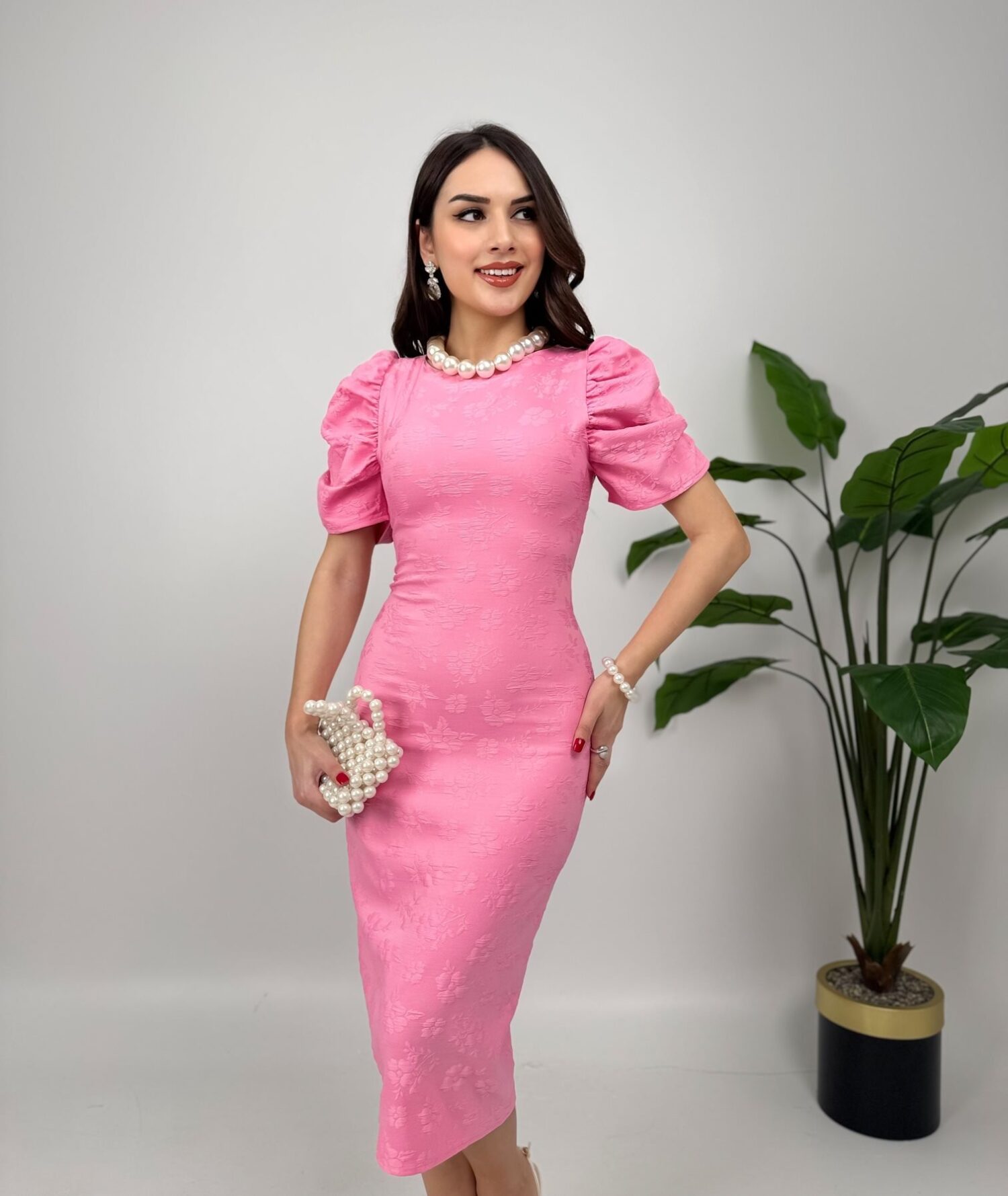 Elegant Sheath Midi Dress With Puff Half Sleeves - Brand: Miss Janell - Women & Kids, Baby Clothes Wholesale - Globality Store