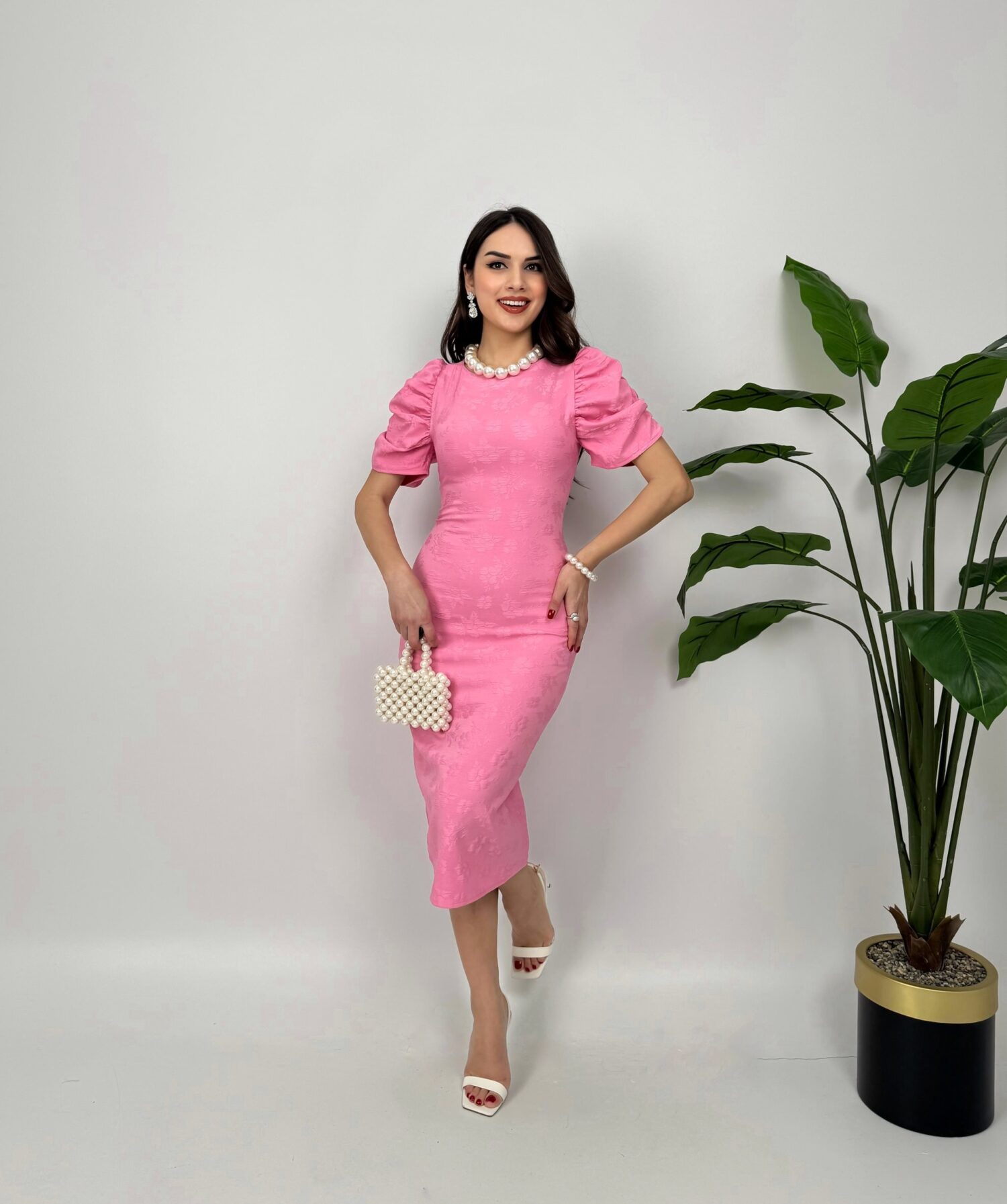 Elegant Sheath Midi Dress With Puff Half Sleeves - Brand: Miss Janell - Women & Kids, Baby Clothes Wholesale - Globality Store