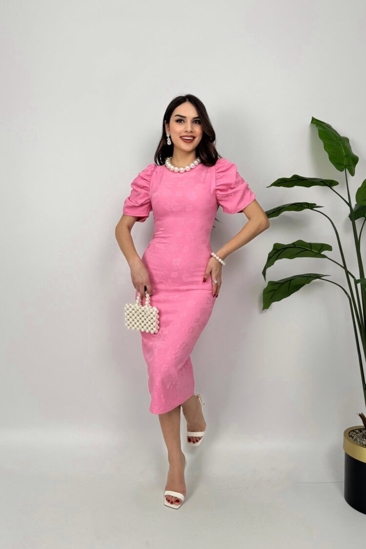 Elegant Sheath Midi Dress With Puff Half Sleeves