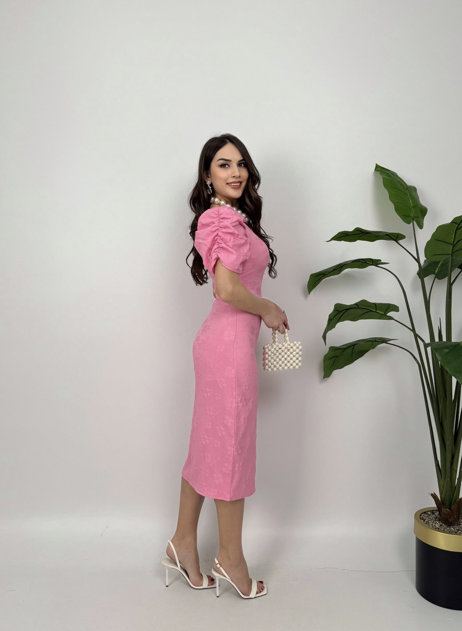 Elegant Sheath Midi Dress With Puff Half Sleeves - Brand: Miss Janell - Women & Kids, Baby Clothes Wholesale - Globality Store