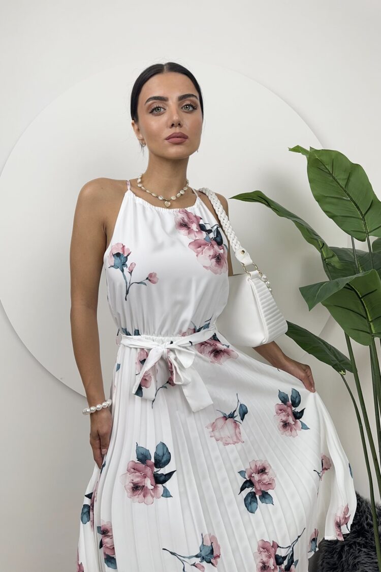 White Elegant Floral Slip Dress Midi