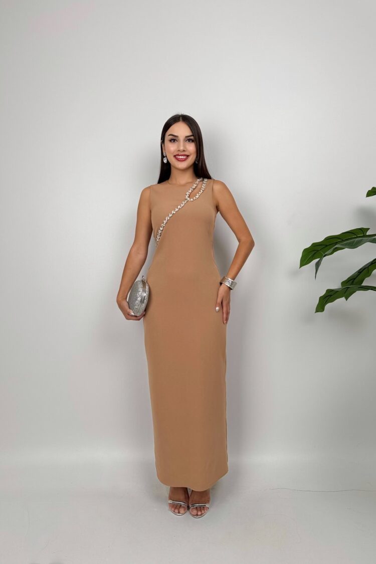 Elegant Beige Sheath Dress With Cap Sleeves - Brand: Miss Janell - Women & Kids, Baby Clothes Wholesale - Globality Store
