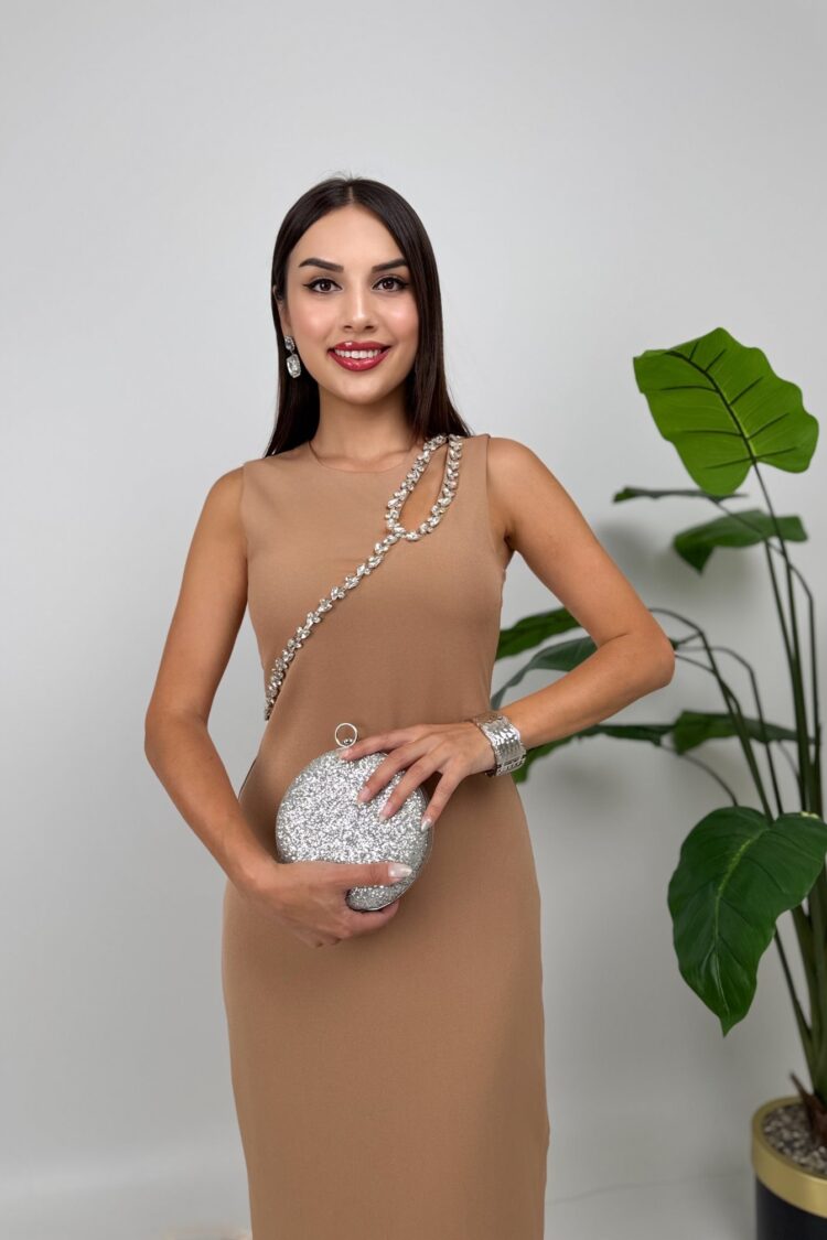 Elegant Beige Sheath Dress With Cap Sleeves