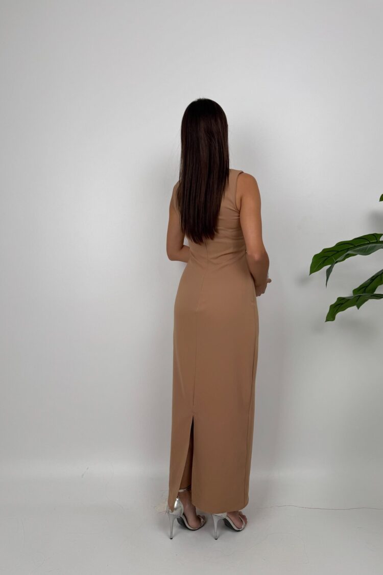 Elegant Beige Sheath Dress With Cap Sleeves