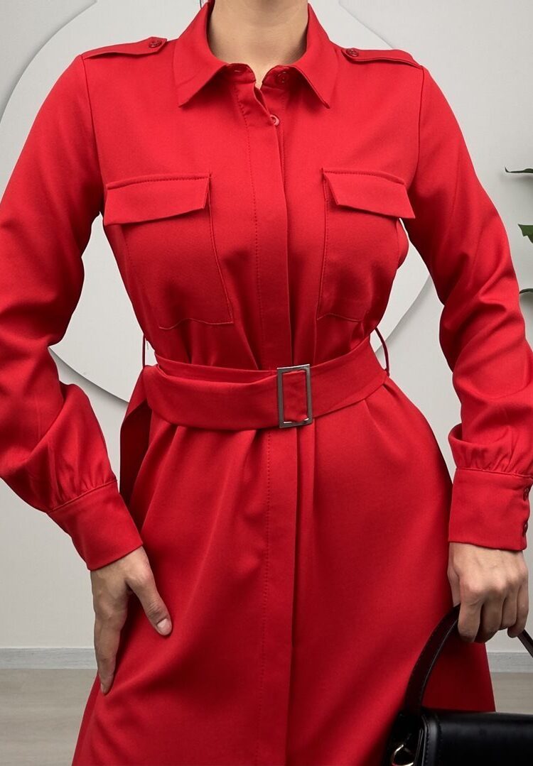 Red Elegant Formal Casual Shirt Dress
