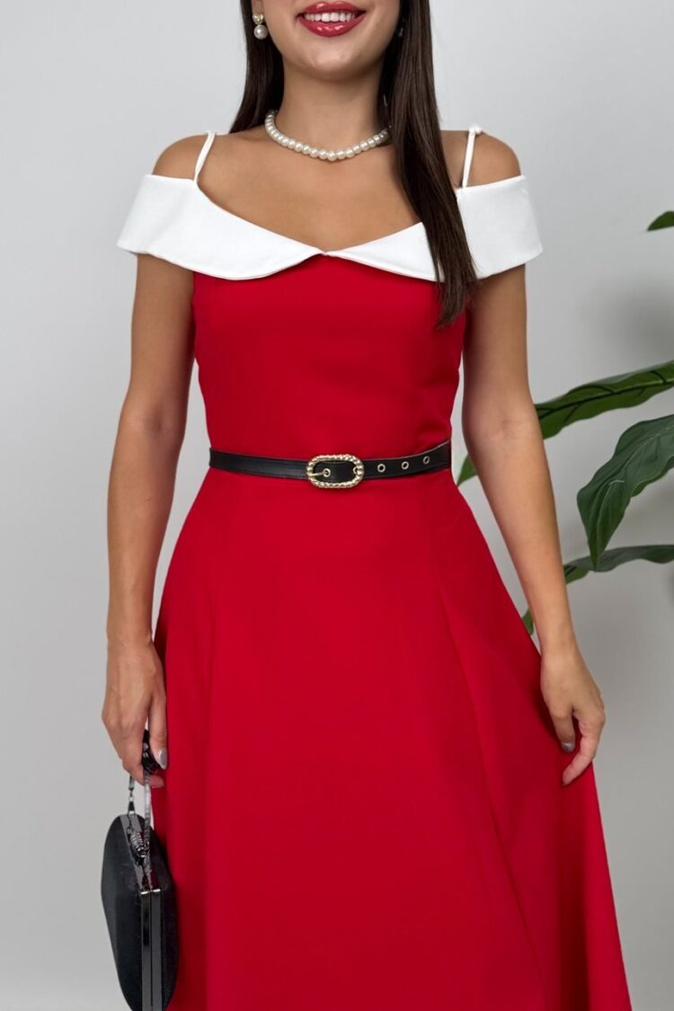 Fit And Flare Midi Dress With Off Shoulder Neck