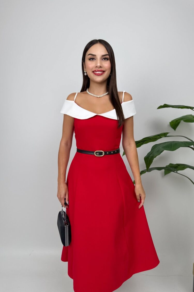 Fit And Flare Midi Dress With Off Shoulder Neck