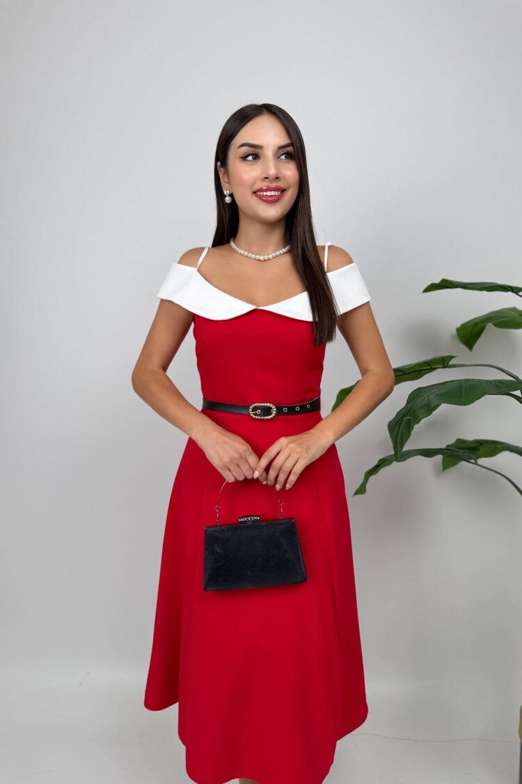 Fit And Flare Midi Dress With Off Shoulder Neck