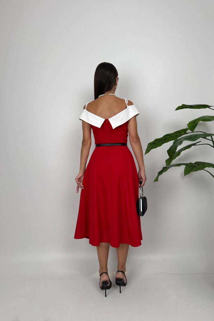 Fit And Flare Midi Dress With Off Shoulder Neck