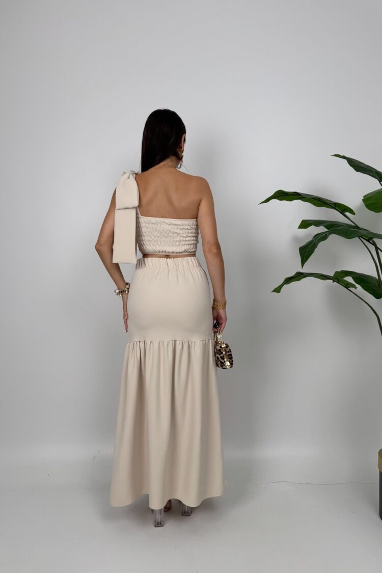 Beige Fit And Flare Maxi Dress With One Shoulder Neck - Brand: Miss Janell - Women & Kids, Baby Clothes Wholesale - Globality Store