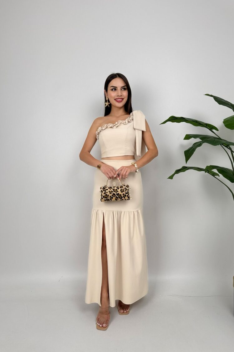Beige Fit And Flare Maxi Dress With One Shoulder Neck