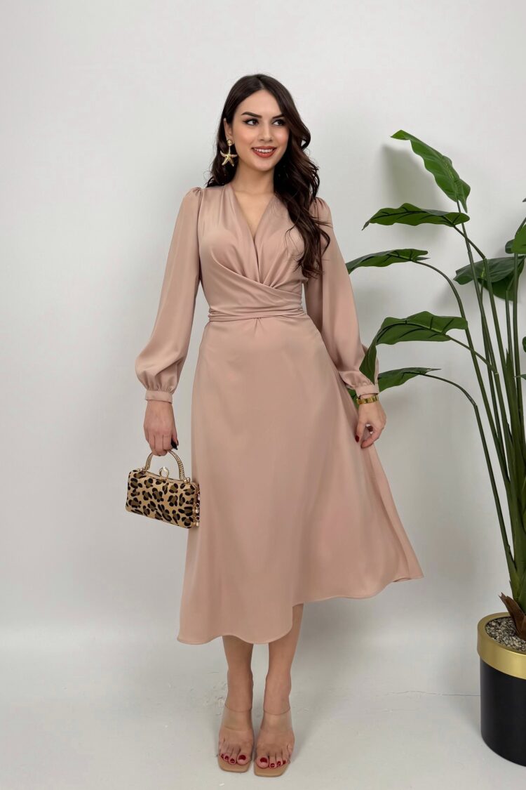Elegant Beige Wrap Dress With Long Sleeves