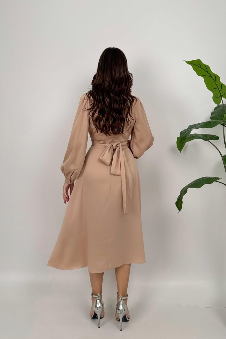 Elegant Beige Wrap Dress With Long Sleeves