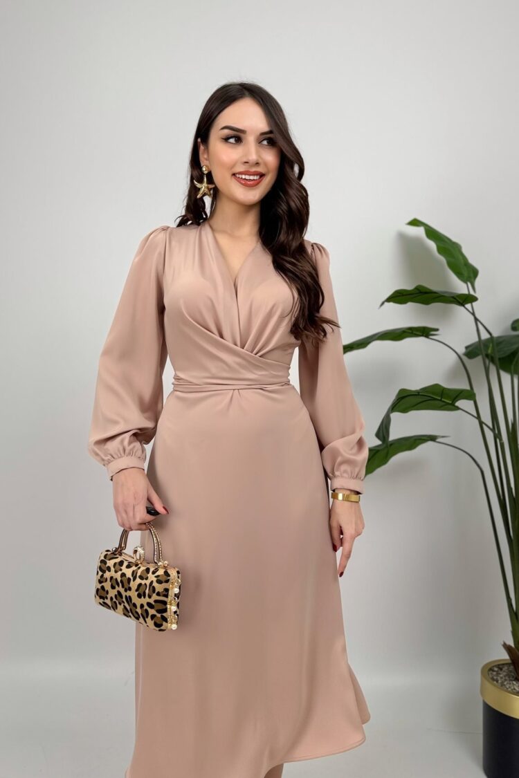 Elegant Beige Wrap Dress With Long Sleeves